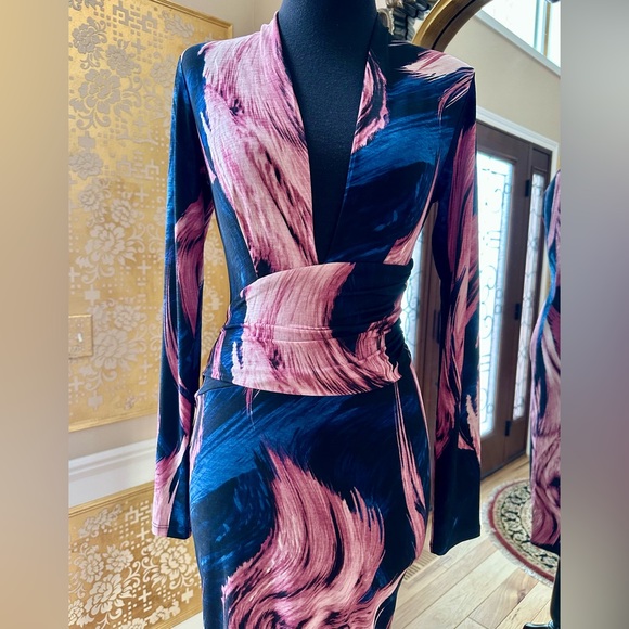 Artistic Side Mauve/Navy Abstract Long Sleeve Midi Dress (New without Tag) - Picture 2 of 12